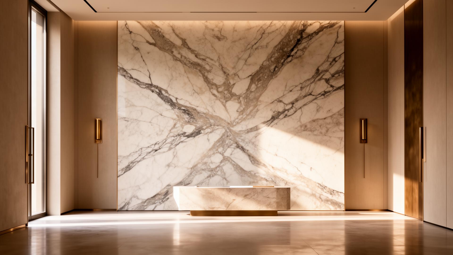 Curated marble feature wall in a contemporary architectural interior
